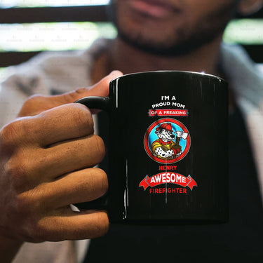Personalized Dog Gift - I'm A Proud Mom Of A Freaking Awesome Firefighter For Dog Mom - Black Mug